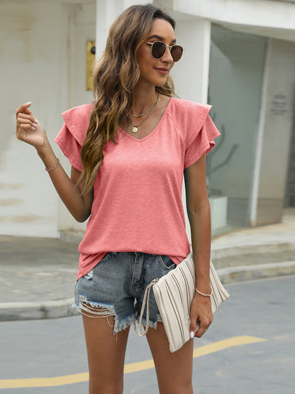 Casual Double Layer Ruffled Short Sleeve Loose T Shirt