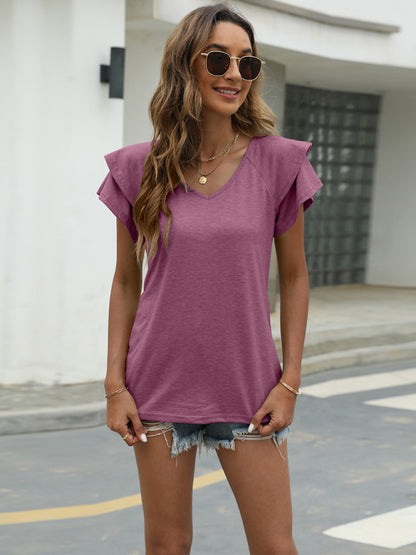 Casual Double Layer Ruffled Short Sleeve Loose T Shirt