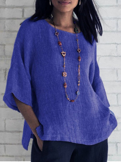 Three Quarter Sleeve Round Collar Linen Shirt Top