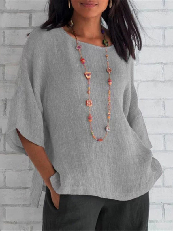 Three Quarter Sleeve Round Collar Linen Shirt Top