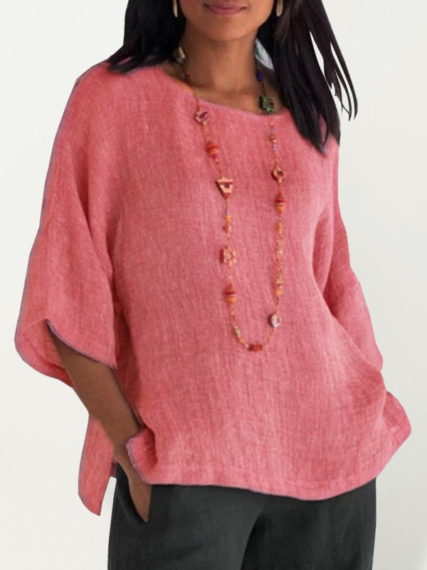 Three Quarter Sleeve Round Collar Linen Shirt Top