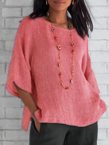 Three Quarter Sleeve Round Collar Linen Shirt Top