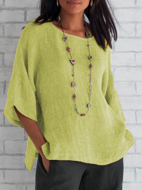 Three Quarter Sleeve Round Collar Linen Shirt Top