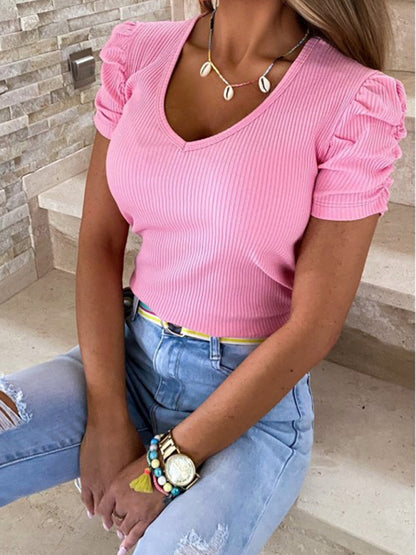 Stripped Puff Short Sleeve Elastic T Shirt