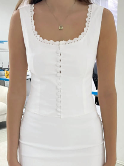 Elegant Sling Lace Solid Button Vest Top