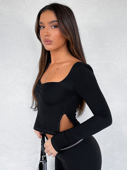 Elegant Long Sleeve Side Slit T Shirt
