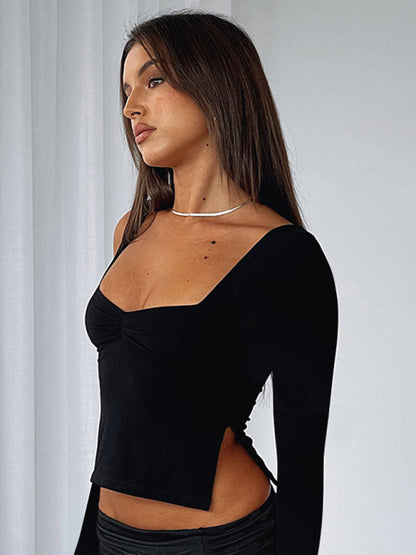 Elegant Long Sleeve Side Slit T Shirt