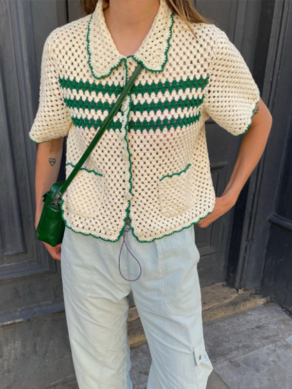 Casual Striped Lapel Hollow Short Sleeve Top