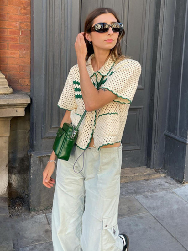Casual Striped Lapel Hollow Short Sleeve Top