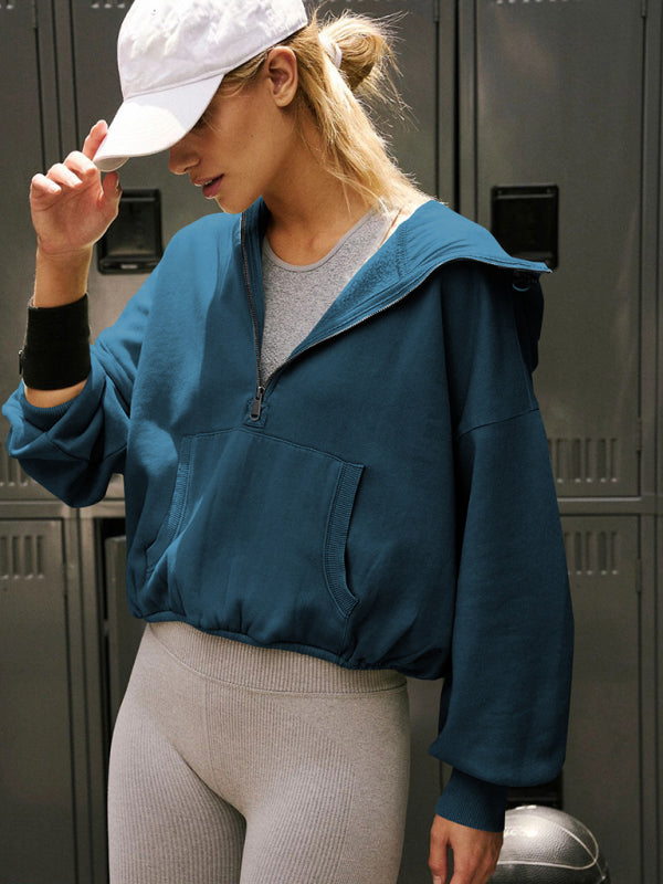 Athletischer Kapuzenpullover mit Kordelzug, langen Ärmeln und halbem Reißverschluss