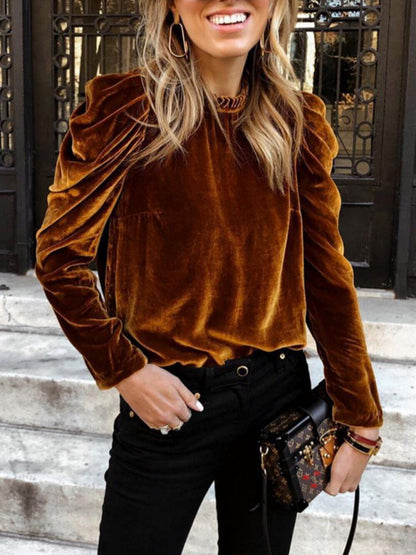 Velvet Puff Long Sleeve Pullover Blouse
