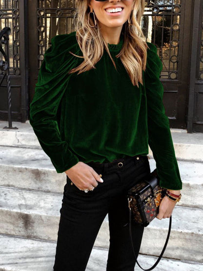 Velvet Puff Long Sleeve Pullover Blouse